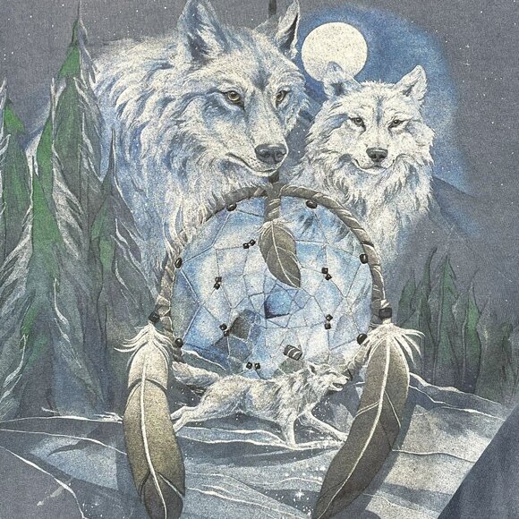 Vintage 90s Gildan Wolves Dreamcatcher Sweatshirt Pullover Crewneck Winter Large - Picture 3 of 10